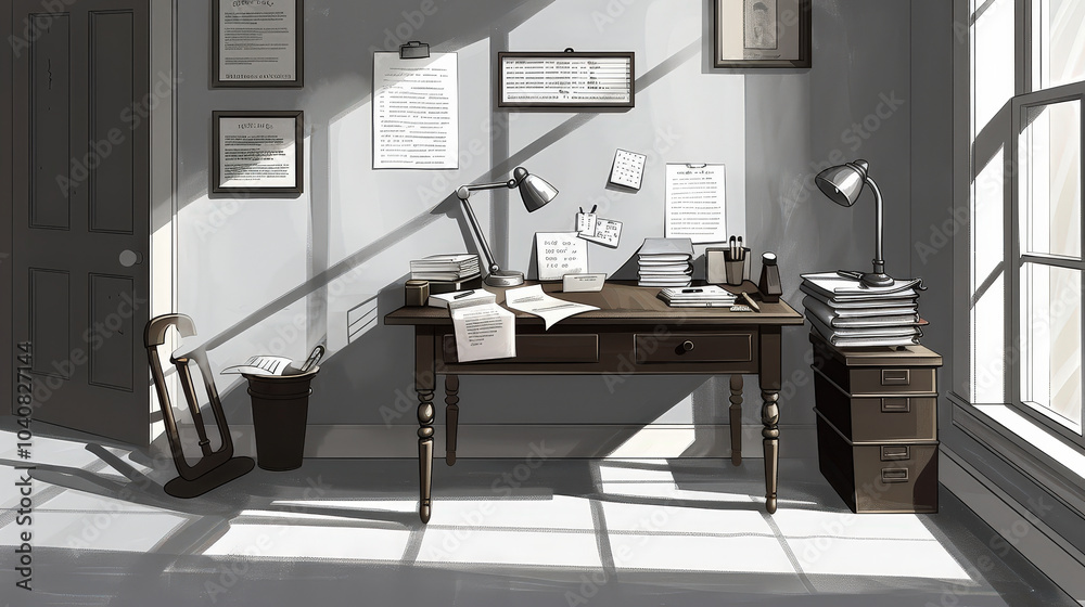 Fototapeta premium detailed black and white sketch of clinics office featuring wooden desk, stacks of papers, lamp, and chair. sunlight casts shadows, creating serene atmosphere