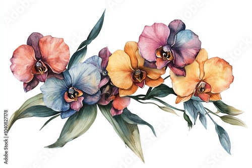 Watercolor painting of a vibrant bouquet of orchid flowers in pink, orange, and blue tones.