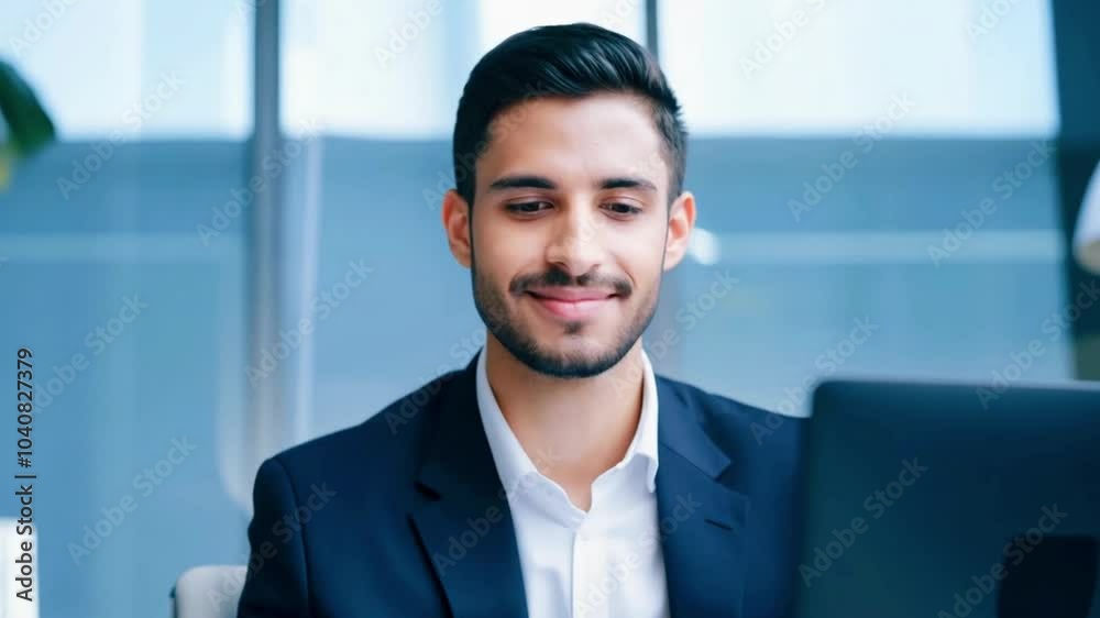 Confident Young Businessman Smiling While Working in a Bright Modern Office Environment with Natural Light