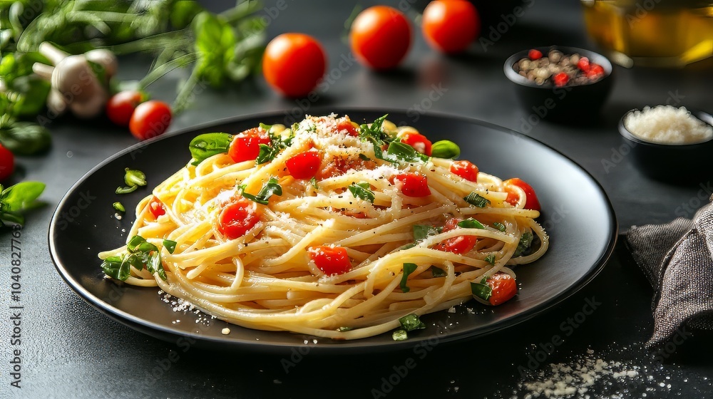 Pasta primavera with fresh vegetables served on a black plate. Dark plate with italian foods. Ultra realistic. Photorealistic Pasta primavera with fresh vegetables served on a black plate. Dark plate with italian foods. Ultra realistic. Photorealistic