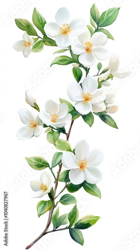 A close-up of a white flower branch with green leaves.