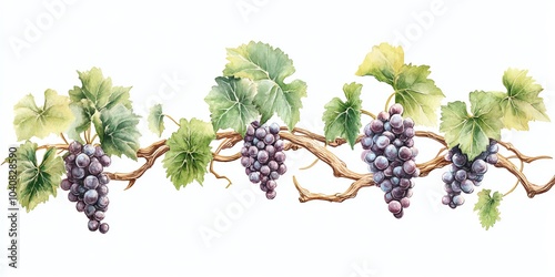 Watercolor illustration of a grape vine with green leaves and ripe purple grapes on a white background.