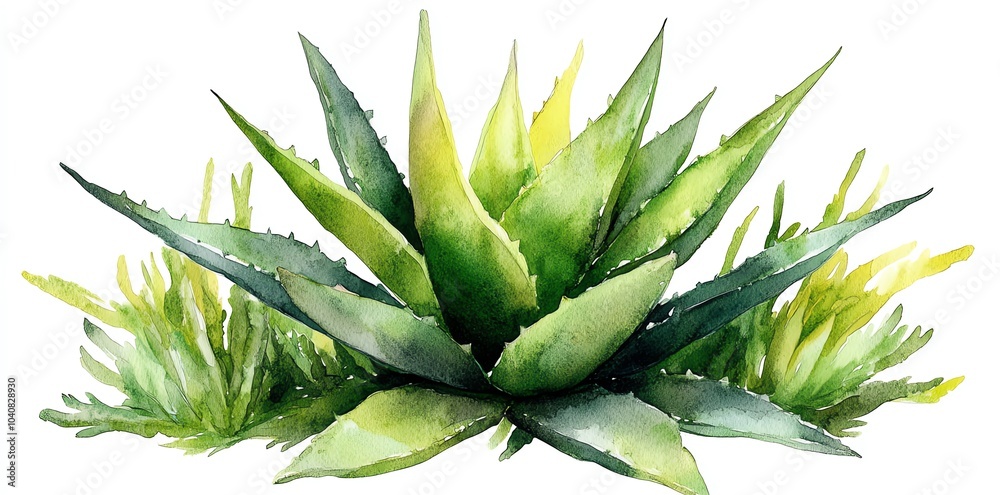 Watercolor painting of a green succulent plant with sharp leaves. Watercolor painting of a green succulent plant with sharp leaves.