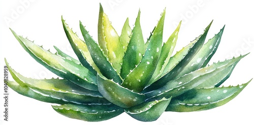 Watercolor painting of a green aloe vera plant with white spots. (1)