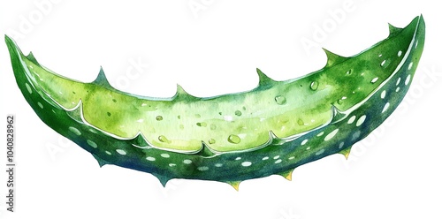 A single aloe vera leaf with water droplets on the surface, watercolor illustration.