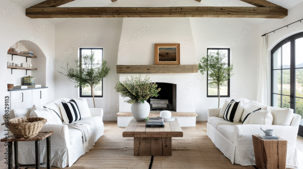 Fototapeta premium Bright living room with minimalist country style featuring white sofas, wooden beams, and cozy fireplace. space is adorned with greenery, creating warm and inviting atmosphere