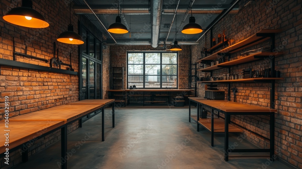 Modern Industrial Workshop with Brick Walls and Wooden Tables Modern Industrial Workshop with Brick Walls and Wooden Tables