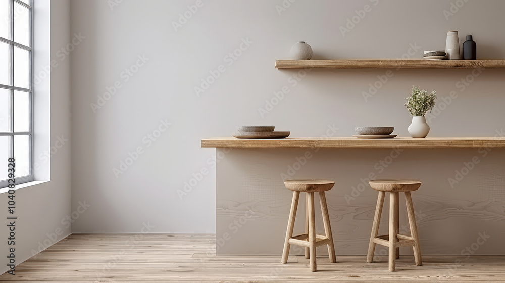 Bright minimalist kitchen with wooden cabinets, featuring clean design and natural elements. space includes wooden stools, shelves, and decorative items, creating serene atmosphere Bright minimalist kitchen with wooden cabinets, featuring clean design and natural elements. space includes wooden stools, shelves, and decorative items, creating serene atmosphere