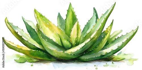 Watercolor painting of a lush green aloe vera plant with a white background.