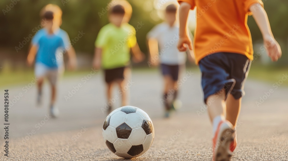 Fototapeta premium Children Playing Football on Summer Evening
