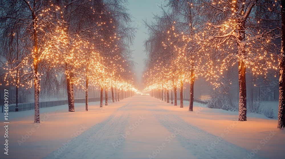 Naklejka premium Snowy Path with Trees Covered in Twinkling Lights