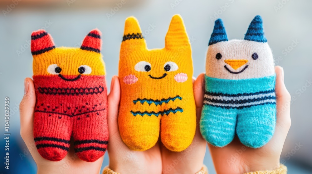 Colorful handmade sock toys with cheerful faces, held up by hands against a soft background, exuding warmth and playfulness. Colorful handmade sock toys with cheerful faces, held up by hands against a soft background, exuding warmth and playfulness.