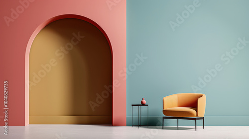 modern living room featuring stylish yellow armchair against backdrop of pastel colored walls, creating vibrant and inviting atmosphere