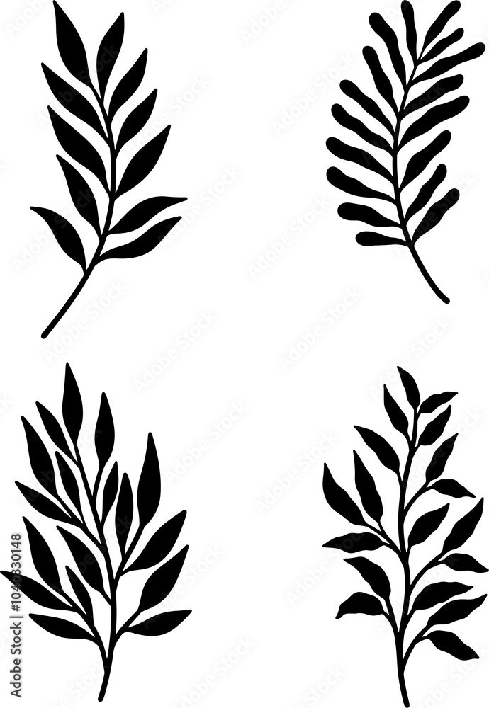 Tropical branches collection in vector matisse style. Modern shapes of organic plant. Abstract brush drawn isolated fronds or branches. Illustrations of naive hand drawn leaf Tropical branches collection in vector matisse style. Modern shapes of organic plant. Abstract brush drawn isolated fronds or branches. Illustrations of naive hand drawn leaf