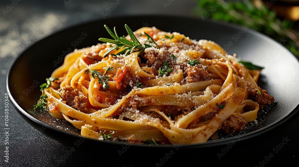 Pasta with meat sauce and herbs on dark plate. Dark plate with italian foods. Ultra realistic. Photorealistic Pasta with meat sauce and herbs on dark plate. Dark plate with italian foods. Ultra realistic. Photorealistic