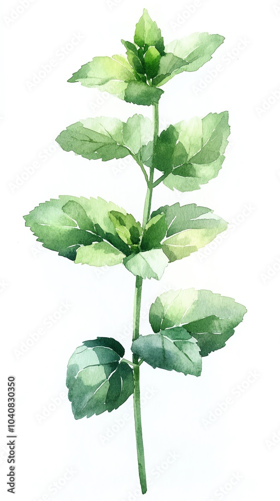 Watercolor painting of a single sprig of fresh mint with green leaves. Watercolor painting of a single sprig of fresh mint with green leaves.