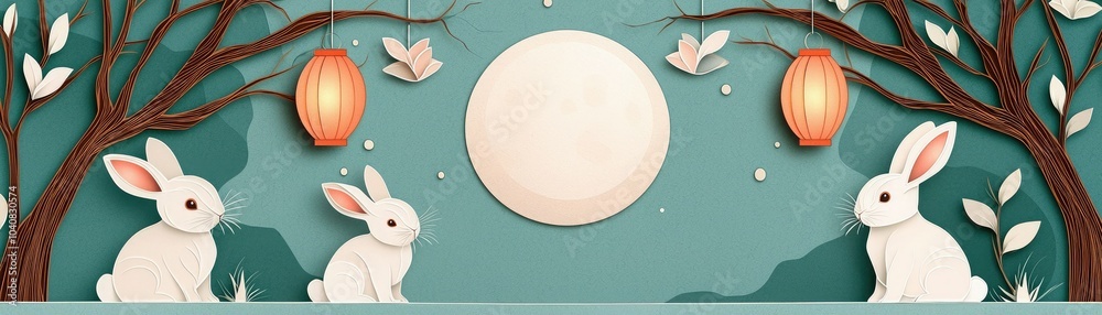A whimsical illustration featuring rabbits, trees, and lanterns, set against a serene night sky with a glowing moon. A whimsical illustration featuring rabbits, trees, and lanterns, set against a serene night sky with a glowing moon.