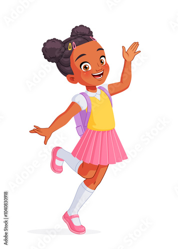 Happy African-American girl waving her hand and hopping on her way to school. Cartoon vector illustration.
