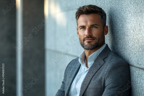 Confident businessman in a stylish suit, leaning against a wall.