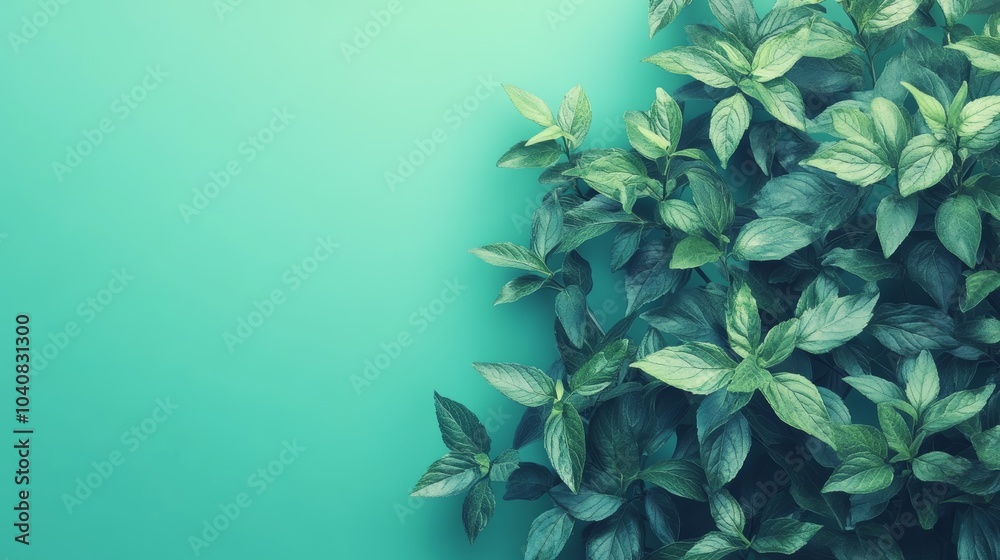 Lush green leaves flourish against a tranquil blue background, capturing the essence of nature's beauty Lush green leaves flourish against a tranquil blue background, capturing the essence of nature's beauty