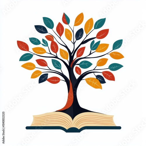 Tree growing from an open book, colorful leaves on a white isolated background.