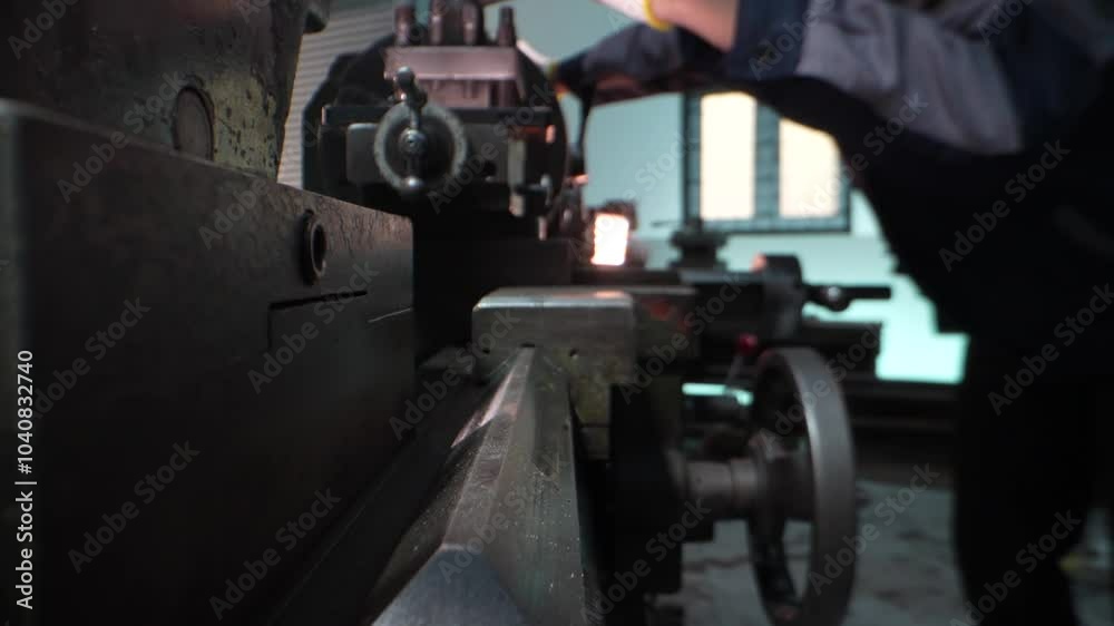 Close up view of a factory worker operating heavy industrial machinery with focus on precision. Gloved hands adjust the controls in a mechanical workshop, emphasizing safety, expertise, and metalwork. Close up view of a factory worker operating heavy industrial machinery with focus on precision. Gloved hands adjust the controls in a mechanical workshop, emphasizing safety, expertise, and metalwork.