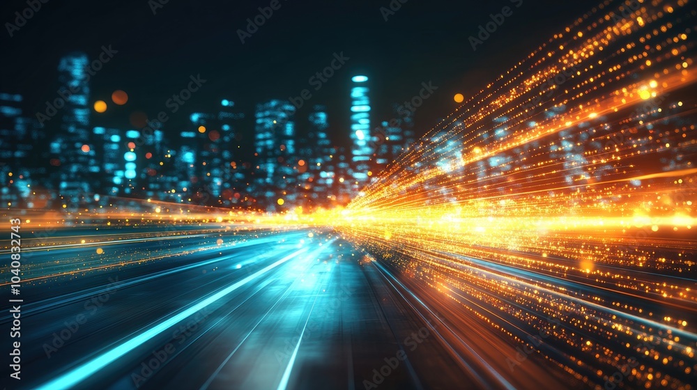 Fototapeta premium Futuristic Neon Rays Against Dark Cityscape