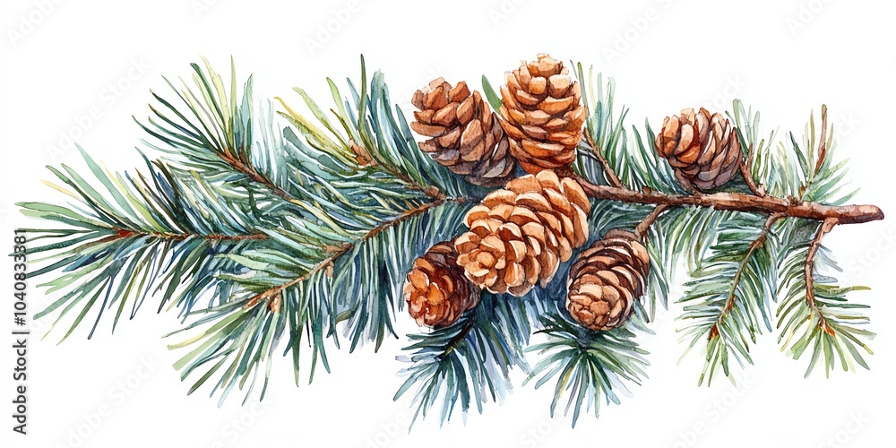 Naklejka premium Watercolor painting of a pine branch with cones.