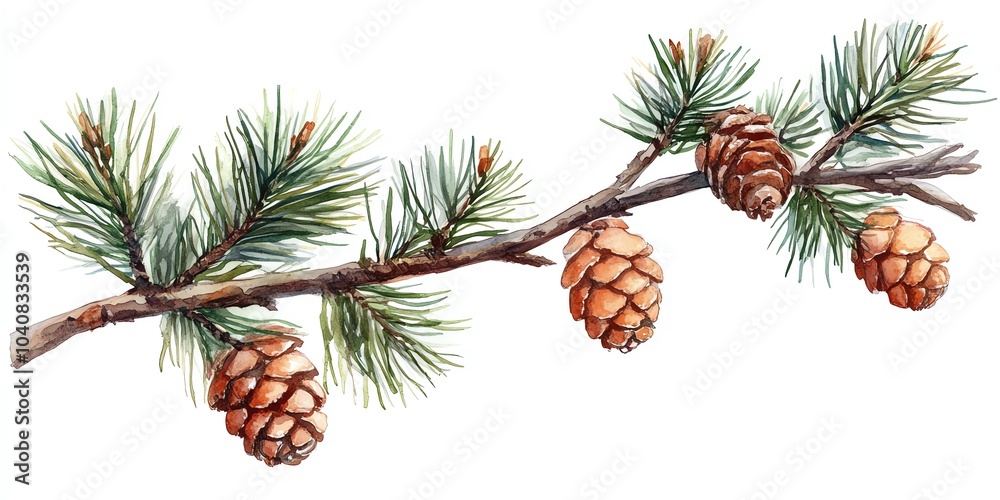 Watercolor illustration of a pine branch with four cones. Watercolor illustration of a pine branch with four cones.