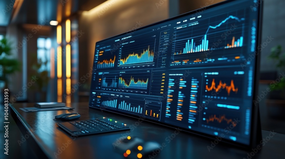 A modern workspace featuring data analytics on a large screen. A modern workspace featuring data analytics on a large screen.