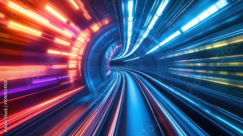 Abstract light trails in a tunnel with a futuristic feel, representing speed, movement and progress.
