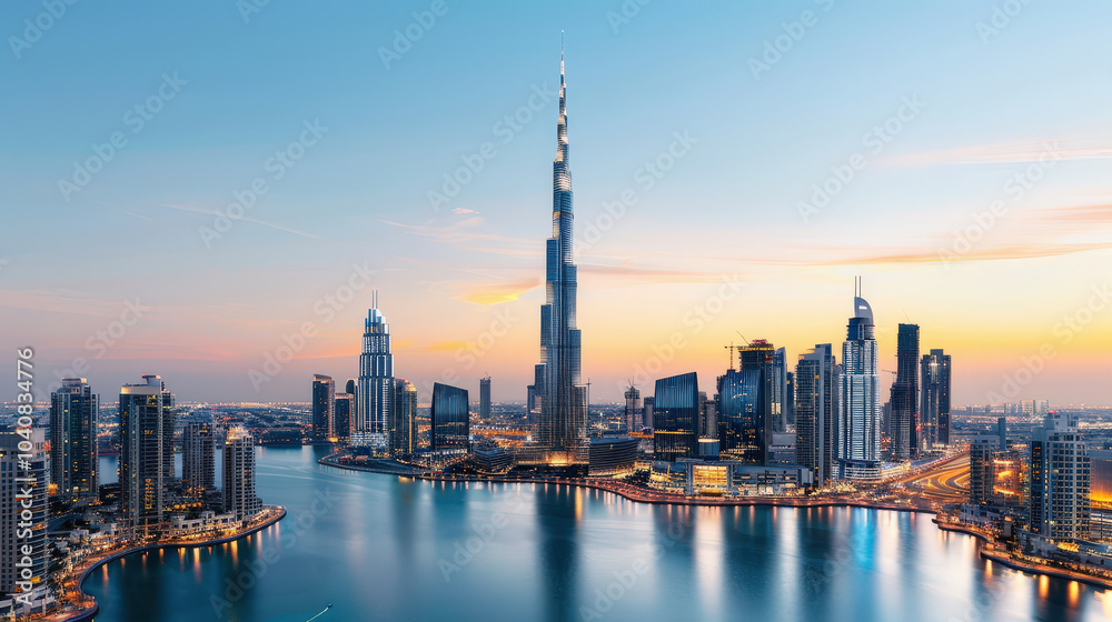 Obraz premium stunning cityscape at dawn featuring towering skyscrapers and urban structures reflecting in calm waters. vibrant colors of sky enhance beauty of this modern metropolis