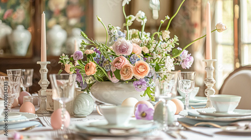 Easter tablescape decoration, floral holiday table decor for family celebration, spring flowers, Easter eggs, Easter bunny and vintage dinnerware, English country and home styling