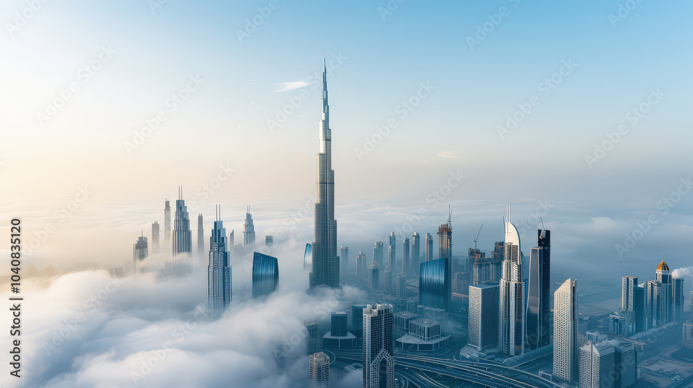 Obraz premium stunning cityscape featuring iconic skyscrapers reaching toward sky, surrounded by blanket of clouds. scene captures essence of modern architecture and urban beauty
