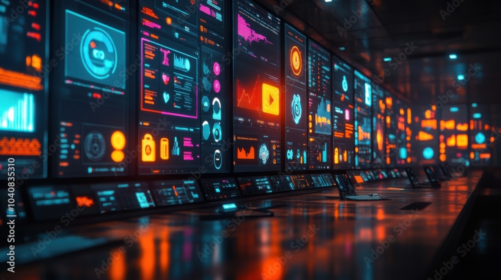 High-tech control room with data visualization screens. High-tech control room with data visualization screens.