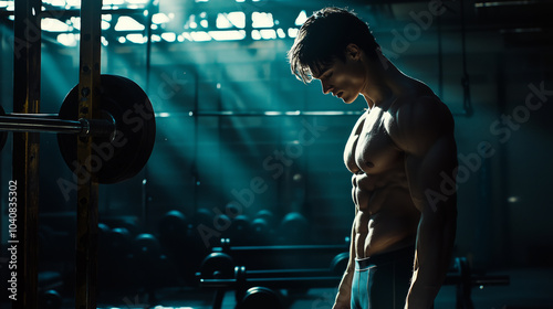 Muscular man standing in a gym, surrounded by workout equipment and soft lighting. Athlete in a gym focusing on strength training. Fit man in a gym, ready to lift weights.