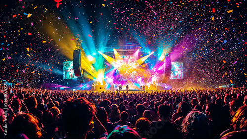 Celebrating Music and Joy: A Dazzling Night of Colorful Lights and Lively Crowds at a Concert