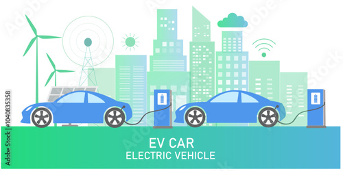 Electric car, EV car, car charging battery at electric charging station with solar panel and wind turbines. Sustainable green energy for ecology environment.