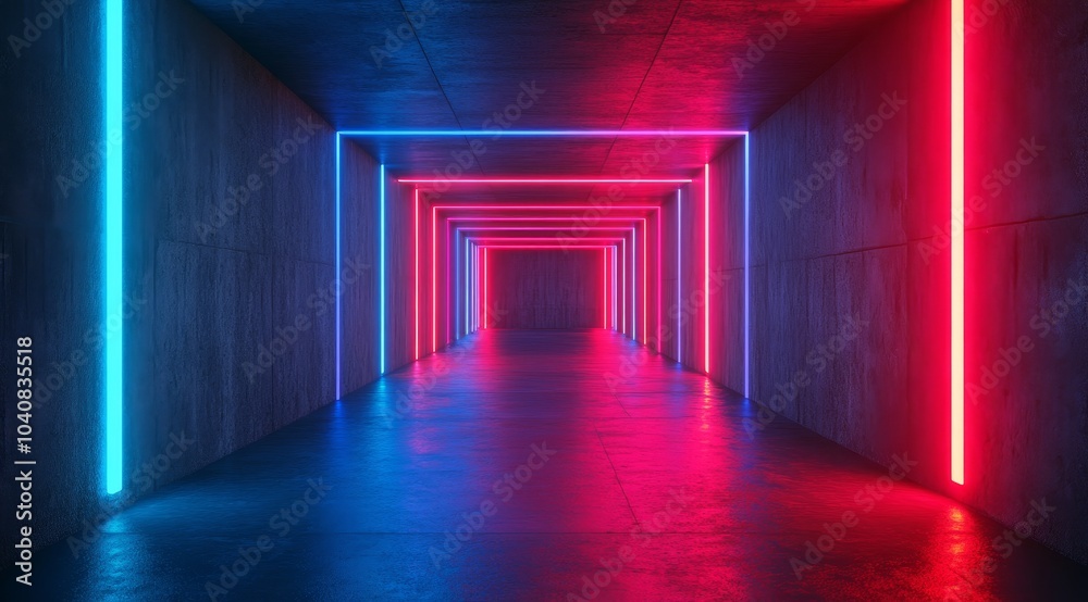 Empty corridor with blue and red neon lights on the concrete walls and reflective floor. Empty corridor with blue and red neon lights on the concrete walls and reflective floor.