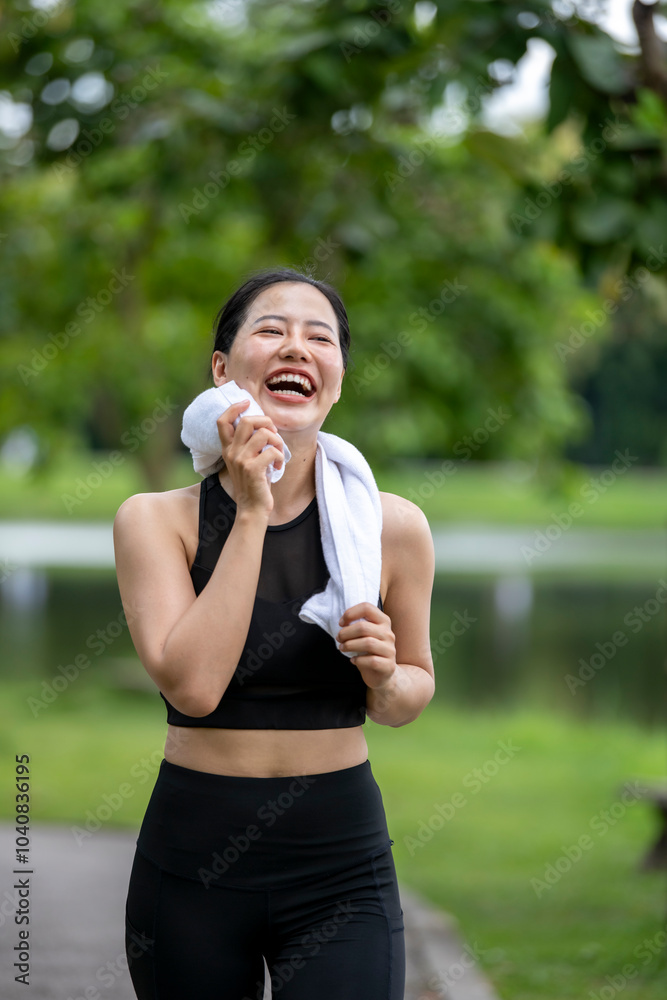 A woman is smiling and holding a towel while walking in a park A woman is smiling and holding a towel while walking in a park