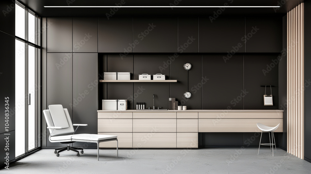 Fototapeta premium Modern clinic office with diagnostic tools, sleek design, and organized workspace. minimalist aesthetic creates calm and professional environment for patients and staff