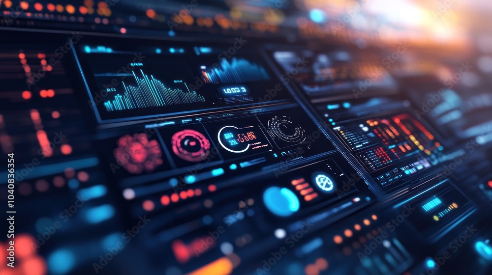 Futuristic digital dashboard with glowing blue and red data graphs, charts, and indicators. Futuristic digital dashboard with glowing blue and red data graphs, charts, and indicators.
