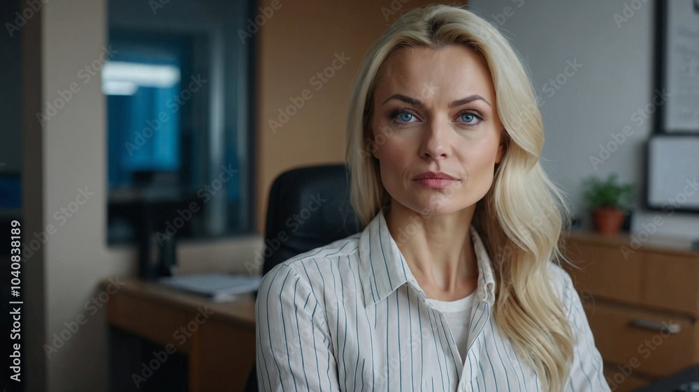 Close up cinematic portrait of pretty beautiful blonde woman in office, corporate businesswoman