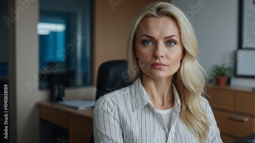 Free Download Close up cinematic portrait of pretty beautiful blonde woman in office, corporate businesswoman - GFXLoad