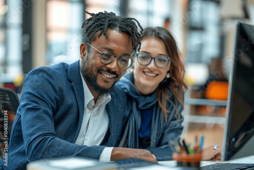 Young Business Professionals Collaborating on Computer Project in Office