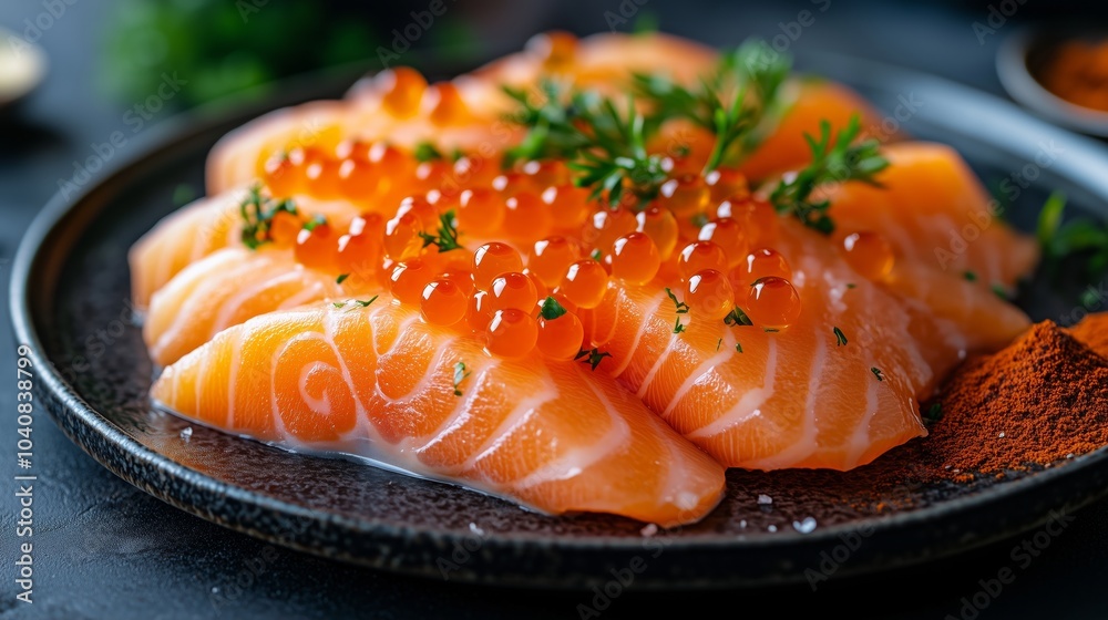 Sashimi salmon with caviar on a dark plate