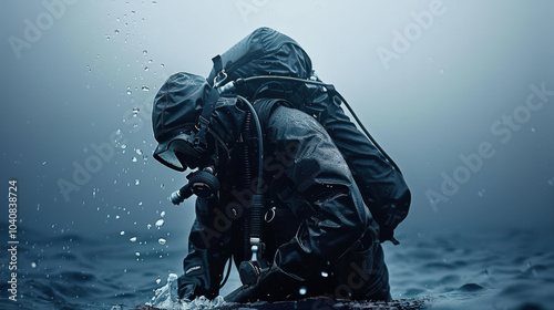 Diver in black wetsuit with equipment submerged in water, focused on underwater task, surrounded by bubbles and dark blue ocean