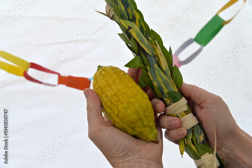 Jewish woman hands holding and blessing on the four species on the Jewish holiday of Sukkot photo