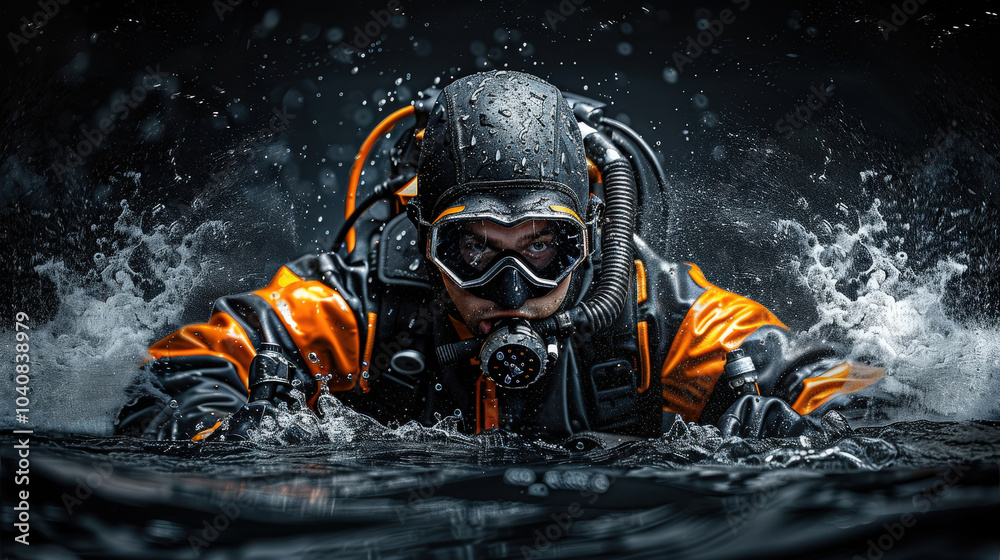 Obraz premium Diver in orange and black wetsuit emerging from water, showcasing determination and skill. scene captures intensity of underwater exploration and adventure