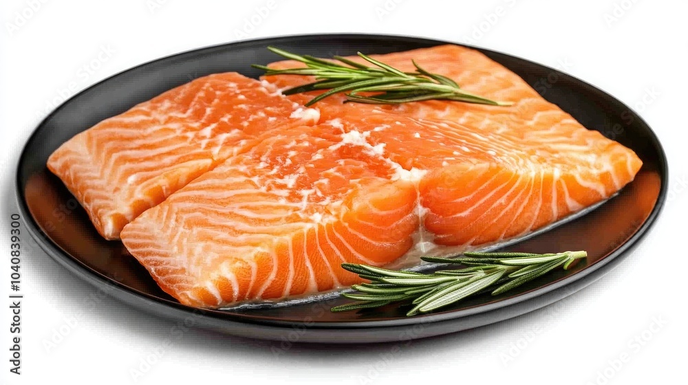 Fresh Salmon Fillet on Black Plate with Herbs Fresh Salmon Fillet on Black Plate with Herbs